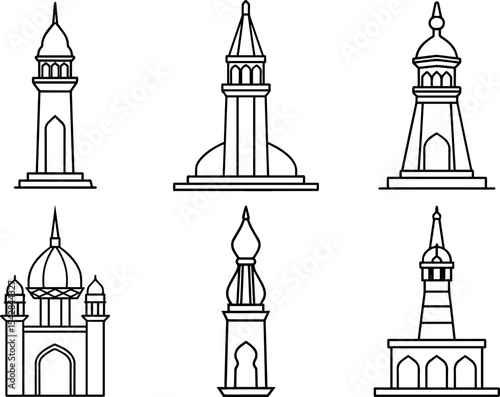 Set of Islamic minaret tower icon outline vector illustration line art