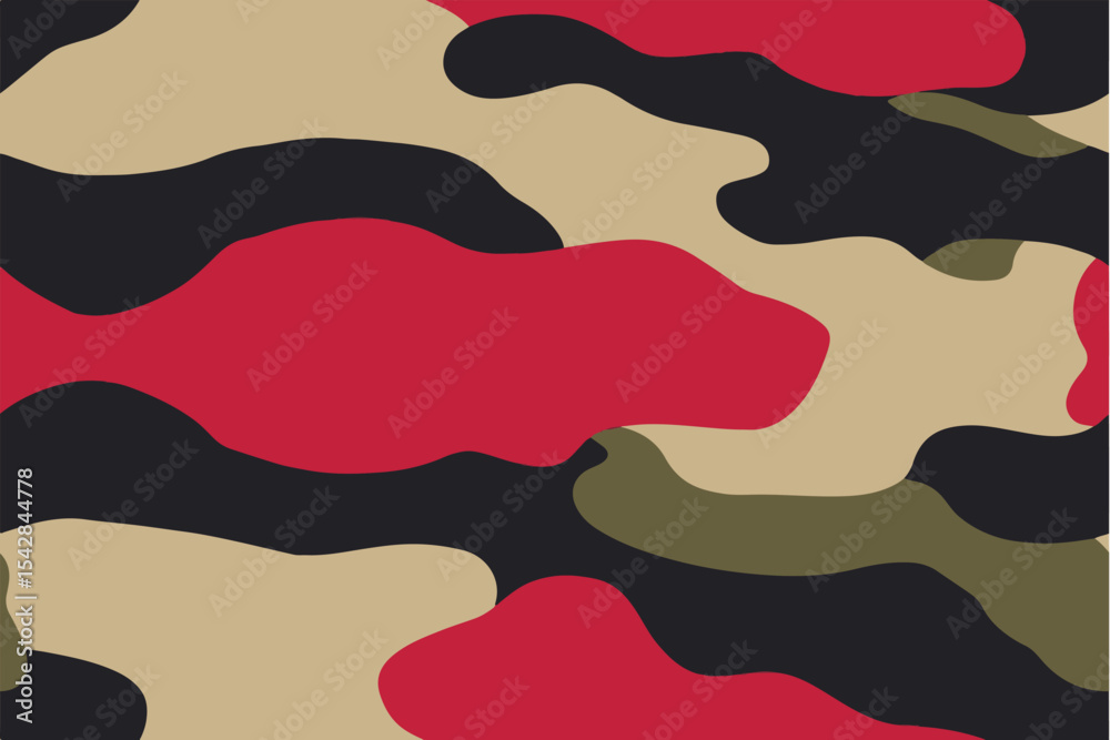 Camouflage military background in olive brown, dark moss green, and forest red colors, in high resolution, seamless texture, trendy modern pattern.