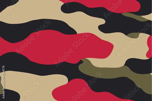 Camouflage military background in olive brown, dark moss green, and forest red colors, in high resolution, seamless texture, trendy modern pattern.