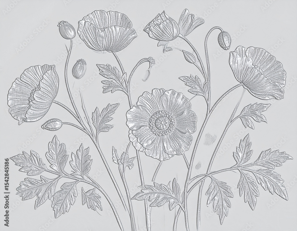 custom made wallpaper toronto digitalTone-on-tone, bas relief depiction of poppies in gray.flower, calm, grey, minimalist, peaceful, serene, soft, art, poppy, detail, flower petals, style, texture, aesthetic, artistic, colours, curve,