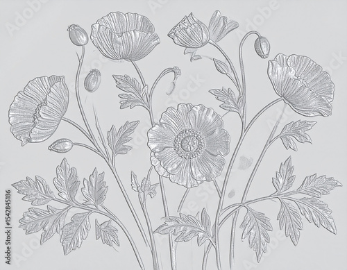 Wallpaper Mural Tone-on-tone, bas relief depiction of poppies in gray.flower, calm, grey, minimalist, peaceful, serene, soft, art, poppy, detail, flower petals, style, texture, aesthetic, artistic, colours, curve,  Torontodigital.ca