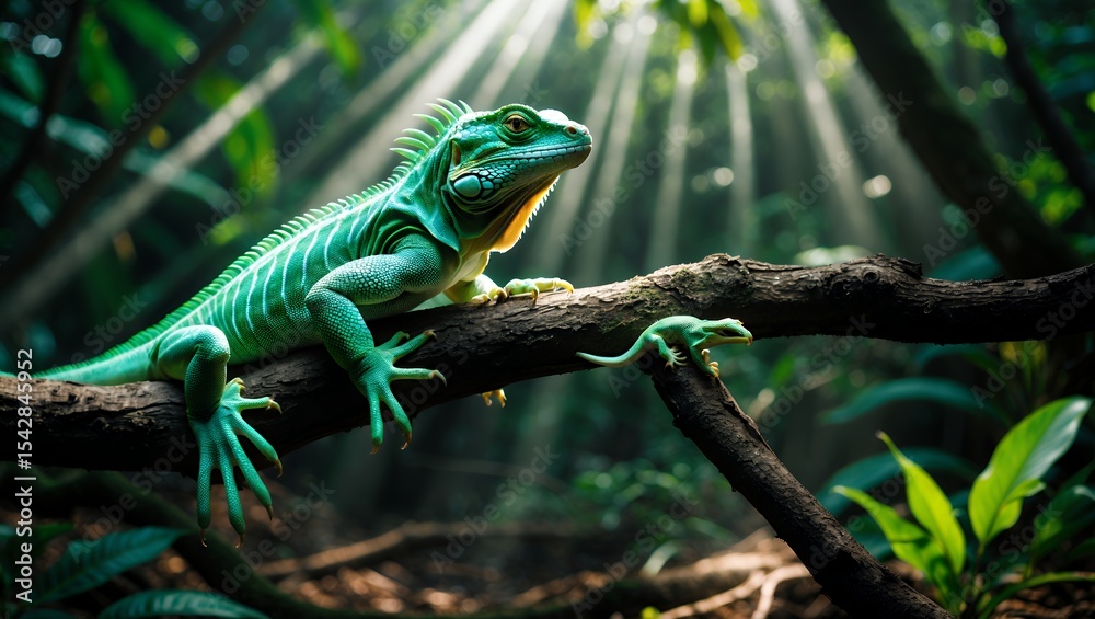 Fototapeta premium Green Iguana Relaxing on a Branch in Sunlit Jungle Setting