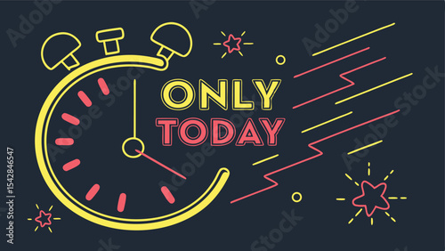 Illustration of a clock with only today text and star accents on a dark background with lines design elements