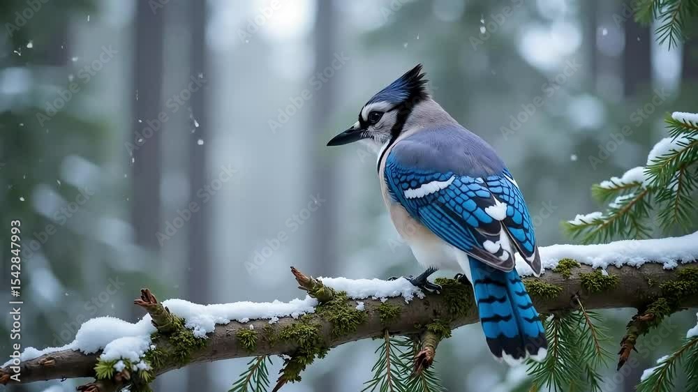 Blue jay perched on snowy pine branch in winter forest

