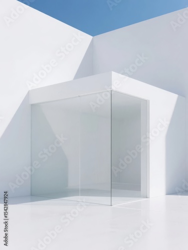Modern Architectural Structure with Glass Entrance and White Walls Under Blue Sky