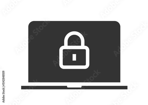 Safety lock on laptop computer screen icon as secure permission access simple solid sign symbol illustration, pc with closed privacy information pictogram image clip art  
