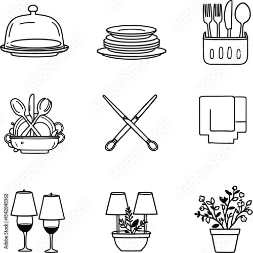 Black-and-White Vector Illustrations of Dining Essentials and Tabletop Decor – Ideal for Kitchenware, Hospitality, and Home Themes