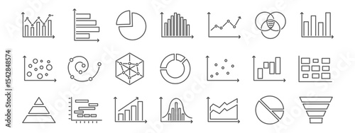 Basic charts line icon set.  Bar diagram, pie and histogram graph. Data visualization, growth and distribution analysis for business and finance. Vector illustration Editable Stroke