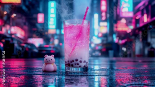 A clear martini glass layers tapioca pearls at the bottom with milk tea vodka and brown sugar syrup