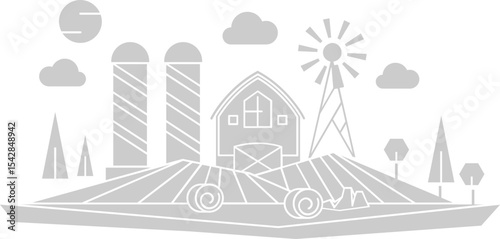 Simple gray farm illustration with barn silos and windmill