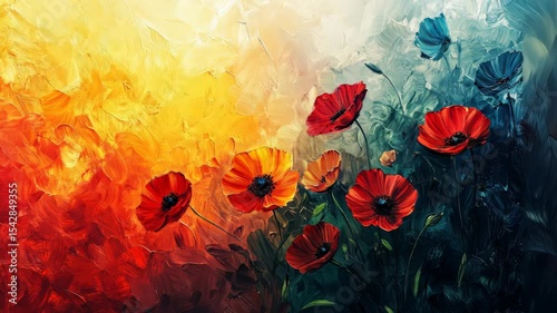 Vivid oil painting of red poppies against a fiery and cool-toned background