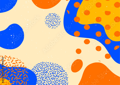 Modern abstract background featuring fluid orange, yellow  and blue shapes with grunge textures and dots. Ideal for digital art, posters, web design, or print media.