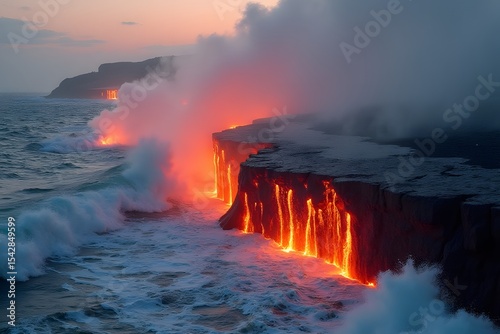 A molten lava delta meeting ocean waves in a blast of steam.
