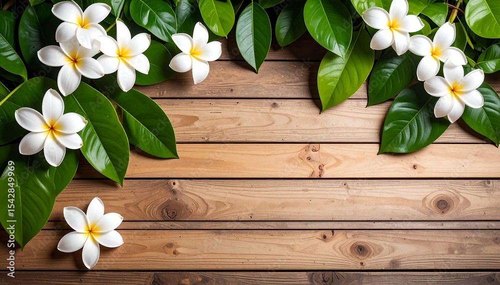 Obraz premium Overhead view of white flowers and glossy green leaves framing a rustic wooden deck with copy space