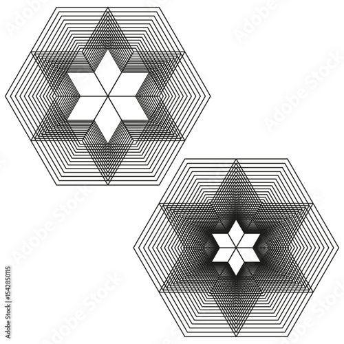 Layered star figure. White background vector. Geometric black shape. Abstract glowing icon.