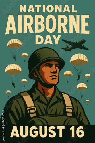 National Airborne Day Poster Featuring a Courageous Soldier with Parachutes