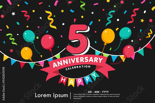 5th years anniversary celebration emblem. congratulations anniversary logo isolated with colorful confetti, bunting flag, balloons and ribbon. vector illustration template design