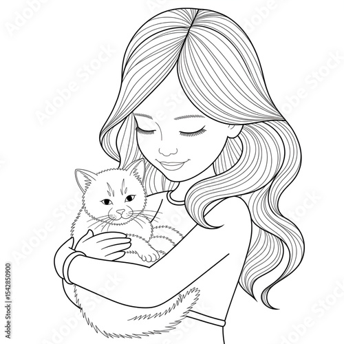 girl with a cat colouring page line art