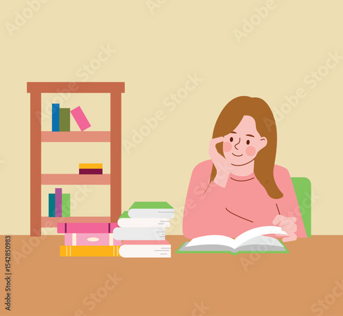 Woman reading at a desk with a bookshelf in the background