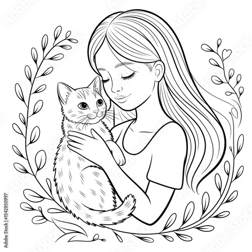 girl with a cat colouring page line art