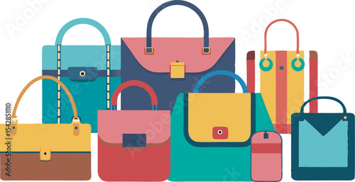 A vibrant collection of trendy handbags and chic fashion accessories, showcasing diverse styles, colors, and sizes to match every personality.