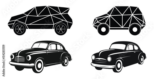Vintage and Geometric Car Icons Retro Classic Cars and Futuristic Polygonal SUV Vector Set for Design, Travel, and Automotive Concepts