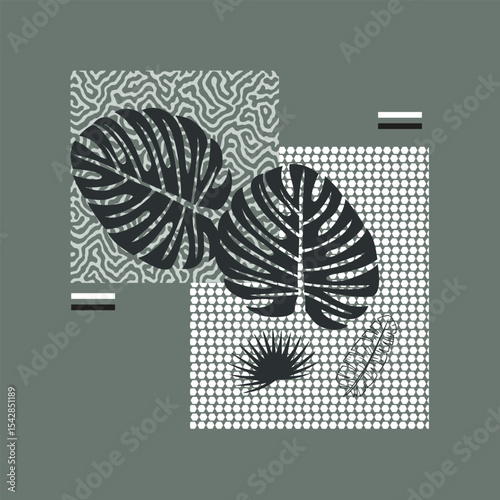 Abstract Tropical Leaf Design on a Gray Background