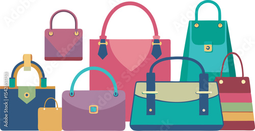 A vibrant collection of trendy handbags and chic fashion accessories, showcasing diverse styles, colors, and sizes to match every personality.