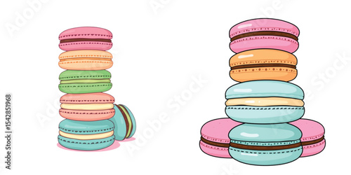 Colorful French macarons, a sweet dessert, isolated on a white background