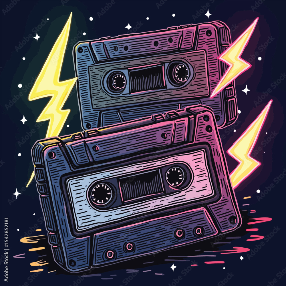 Fototapeta premium Retro cassette tapes vector illustration with lightning Colorful 80s or 90s synthwave style music design for poster or t-shirt print