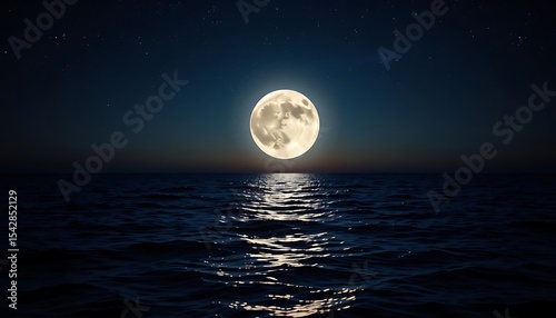 Luminous Full Moon Rising Over Midnight Ocean