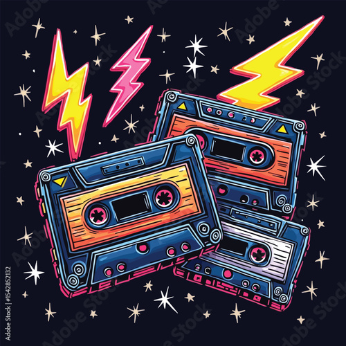 Retro music cassette tapes vector illustration Colorful 80s or 90s style design with lightning and stars for a vintage party poster