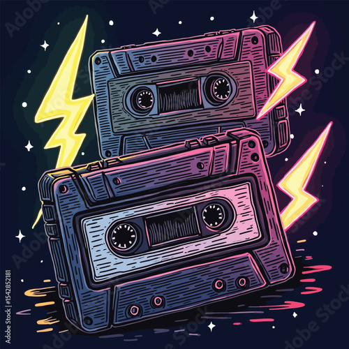 Retro cassette tapes vector illustration with lightning Colorful 80s or 90s synthwave style music design for poster or t-shirt print