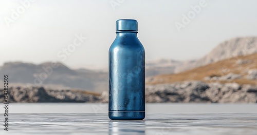 Mockup of blue water bottle on reflective surface with mountain view

