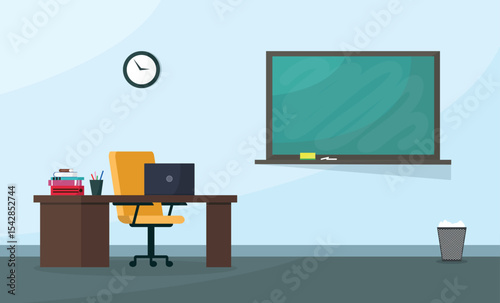 Classroom interior with a blackboard and a teacher's desk. Classroom for pupils or students.