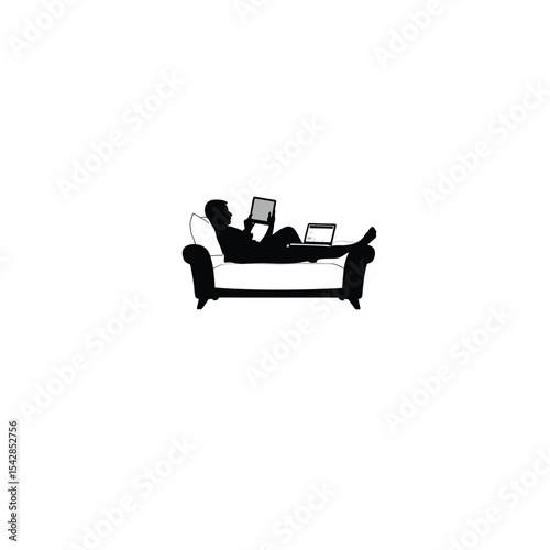 A remote worker using a tablet while sitting on a couch on white background