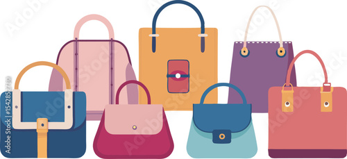 A vibrant collection of trendy handbags and chic fashion accessories, showcasing diverse styles, colors, and sizes to match every personality.