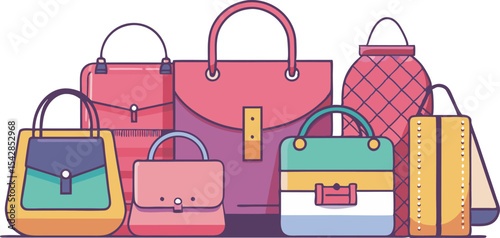 A vibrant collection of trendy handbags and chic fashion accessories, showcasing diverse styles, colors, and sizes to match every personality.