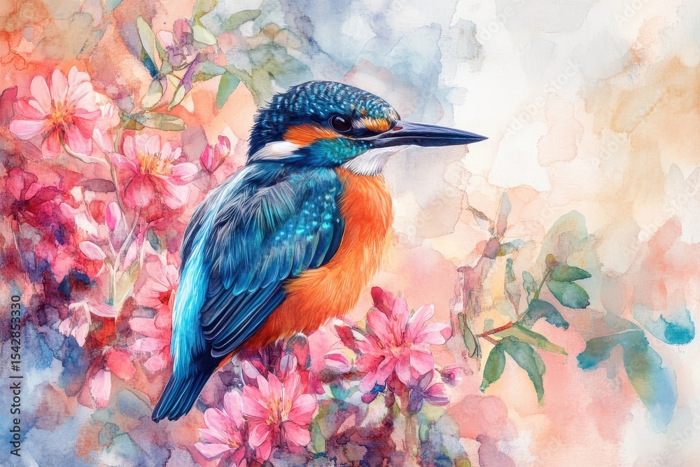 Fototapeta premium Colorful wild bird resting among vibrant flowers in a serene natural setting, beautiful wild bird sitting among flowers