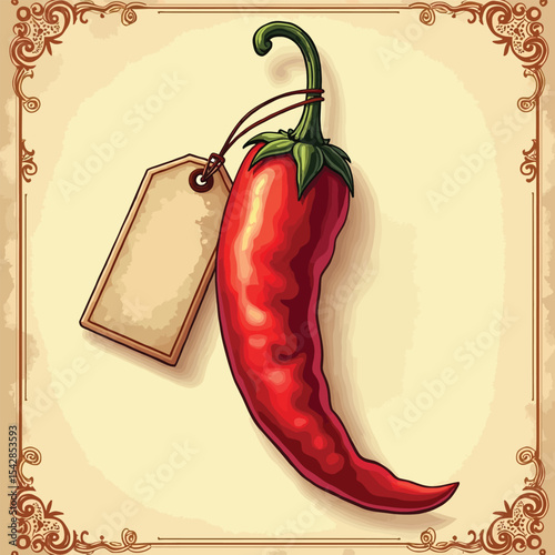 Red chili pepper with blank tag vector illustration Spicy food element with vintage frame for market or recipe design