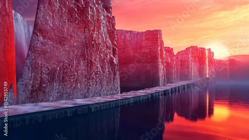 Surreal sunset landscape with red rock formations and a pathway over water