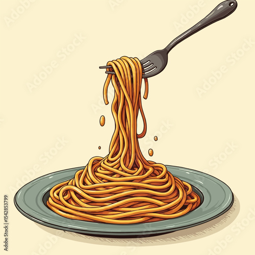 Spaghetti on a plate with dripping sauce and fork vector illustration Savory Italian pasta dish with vintage style