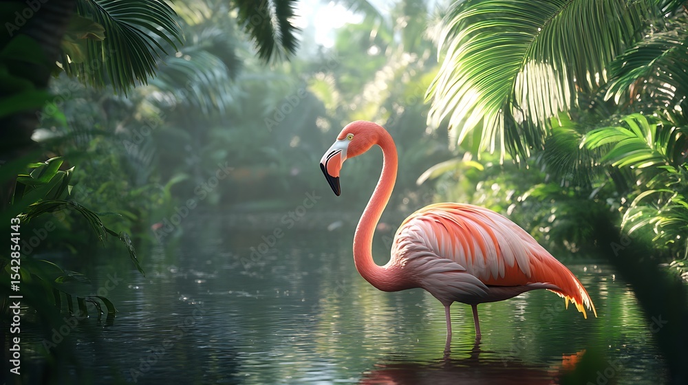 Fototapeta premium Flamingo in peaceful lush sundown scene high resolution picture