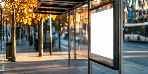 realistic mockup of empty advertising space, placed in middle of silent city avenue bus shelter, brushed aluminum frame, clean reflections, crisp realism