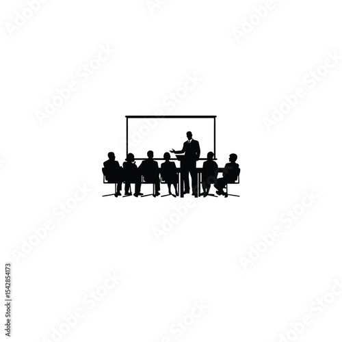 A silhouette of a manager giving a presentation to a group on white background