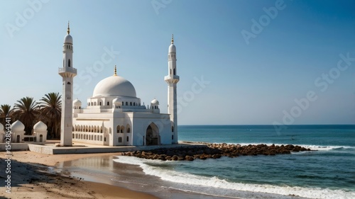 Majestic white mosque by the sea.