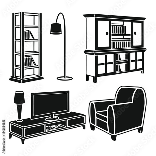 Black and white illustration of living room furniture elements and home decor for design projects