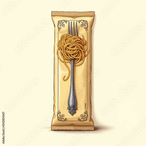 Spaghetti twirled on a fork in paper wrapping vector illustration Takeaway pasta concept with decorative vintage packaging