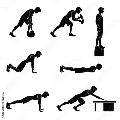 Athlete exercising different body weight training workouts silhouettes for health and fitness programs
