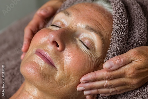 Close-up of a mature woman receiving a facial massage in a spa.